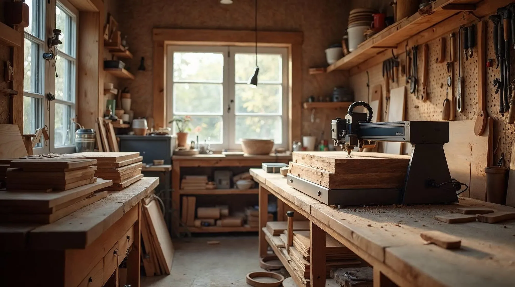 Atelier de gravure, planches empilées et machine laser