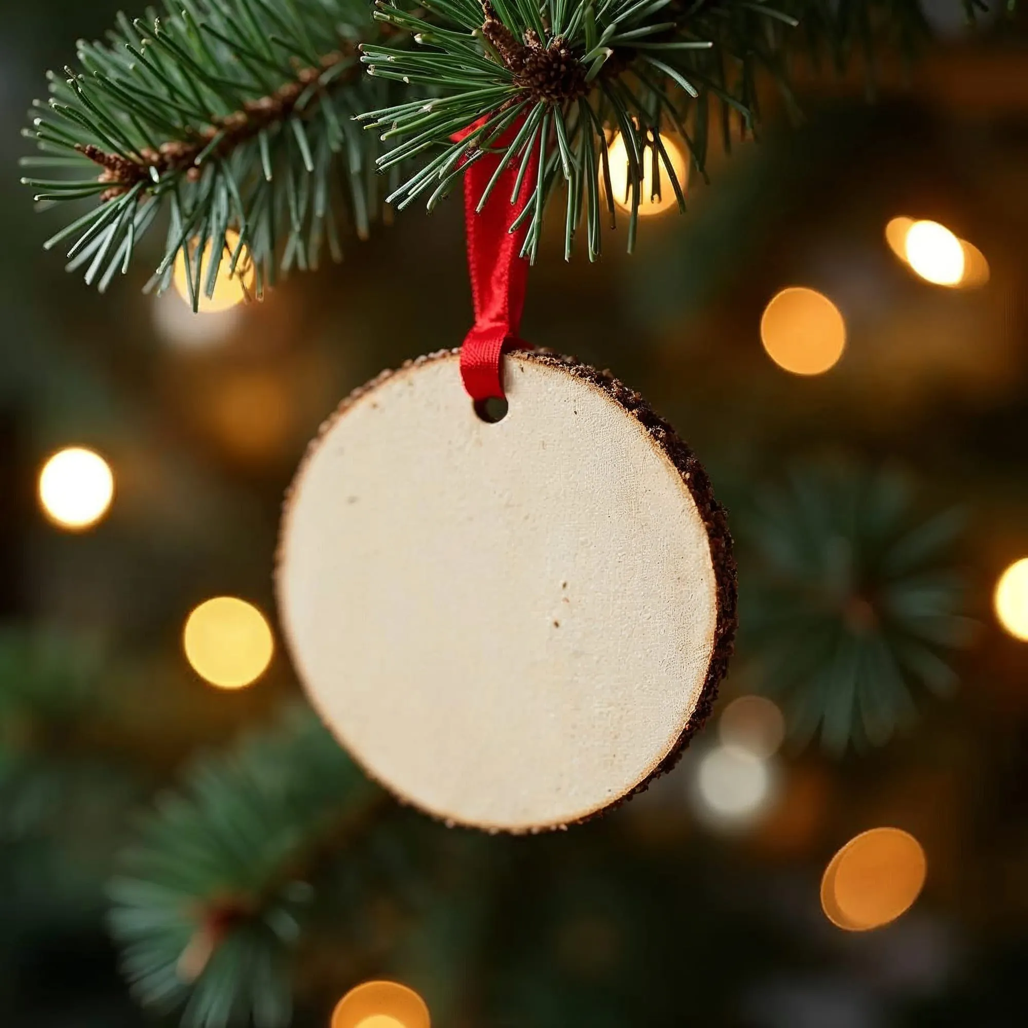 Boule de sapin en bois suspendue à une branche