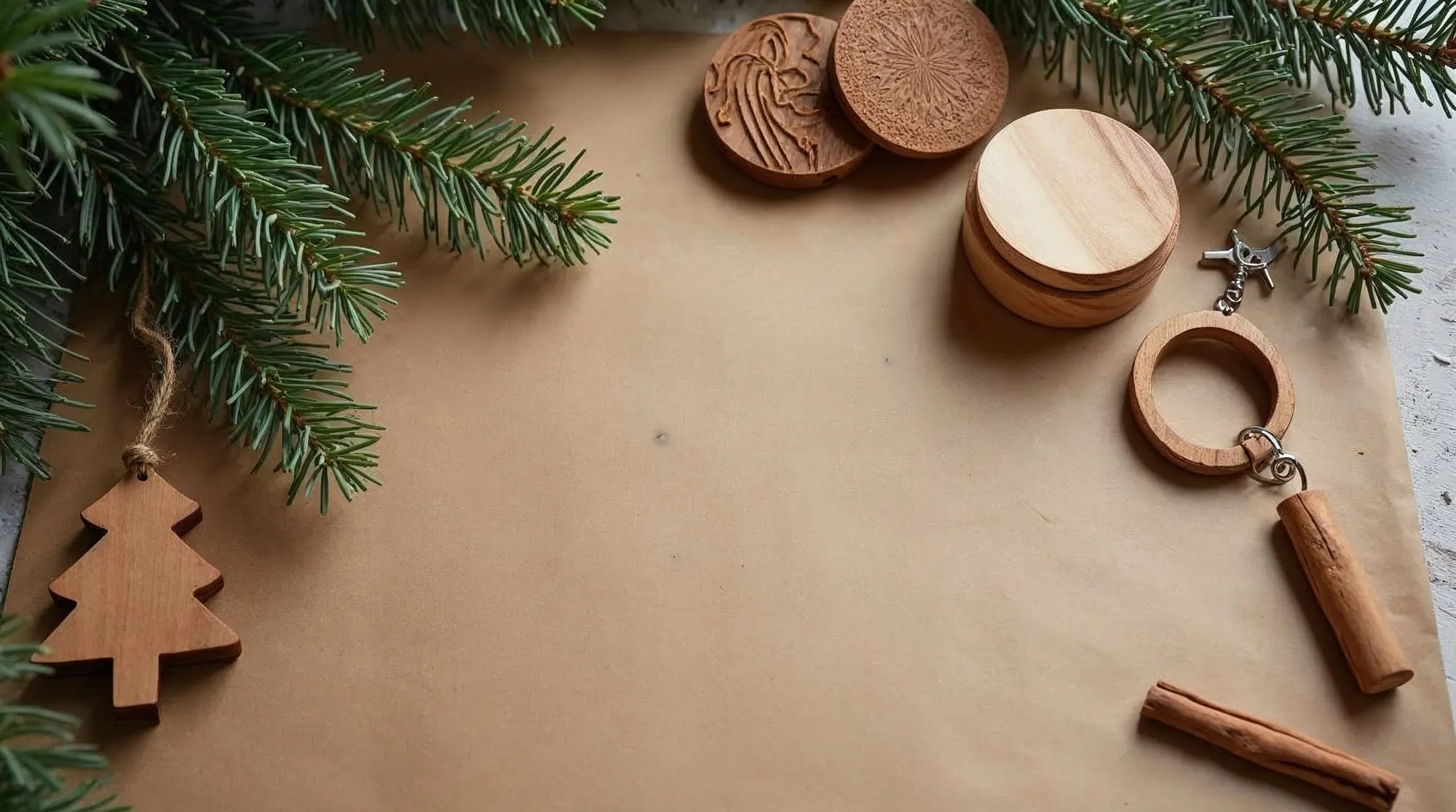 Objets en bois disposés à plat sur du papier kraft avec des branches de sapin