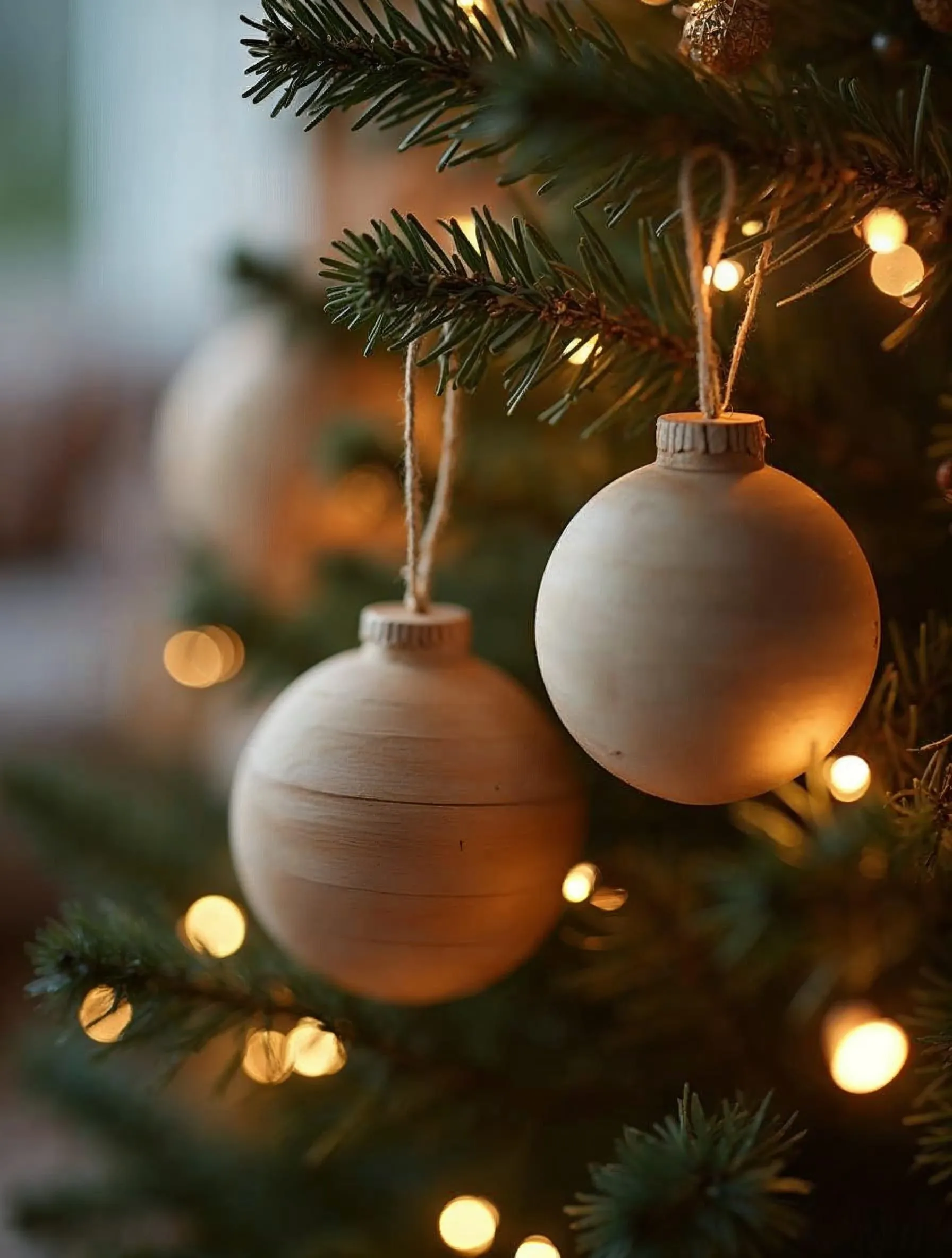 Boules en bois suspendues à un sapin illuminé